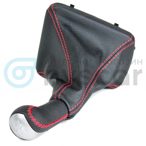 Ручка КПП (с чехлом, для тросового привода, вставка серебро, эко-кожа с перфорацией, с прострочкой) Лада Гранта, Калина-2 и Датсун Белый