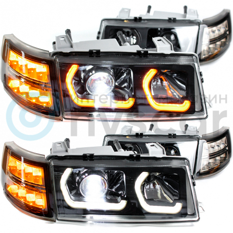 Фары передние BI-LED (черные) с ДХО в стиле BMW ВАЗ 2110, 2111, 2112 (тонированный "BMW" повторитель)