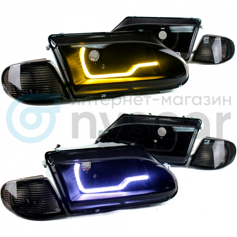 Фары передние (черные) с ДХО в стиле BMW 1.0 ВАЗ 2113, 2114, 2115 (тонированный повторитель)