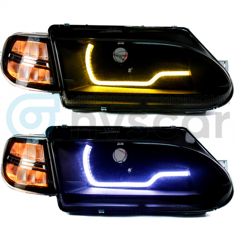 Фары передние (черные) с ДХО в стиле BMW 1.0 ВАЗ 2113, 2114, 2115 (тонированный "BMW" повторитель)