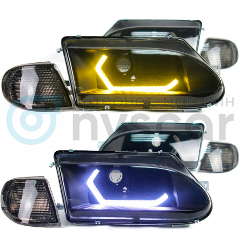 Фары передние (черные) с ДХО в стиле BMW 2.0 ВАЗ 2113, 2114, 2115 (тонированный повторитель)