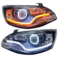 Фары передние BI-LED с квадратными ангельскими глазками "неоновые ДХО" Лада Калина-2 (хром)